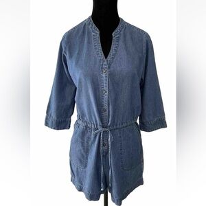 Express Sm. Romper Blue Denim Look Pockets Drawstring Waist Button Front V-Neck